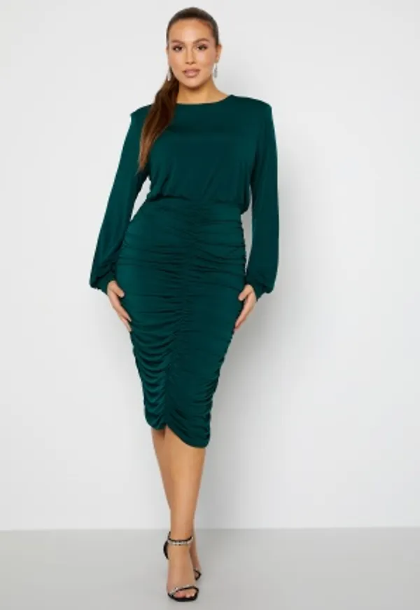 John Zack Curve Long Sleeve Rouched Midi Dress Forest Green 46 (UK18)