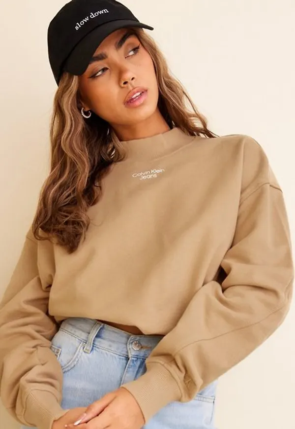 Calvin Klein Jeans Stacked Logo Mockneck Sweatshirt Sweatshirts Sand