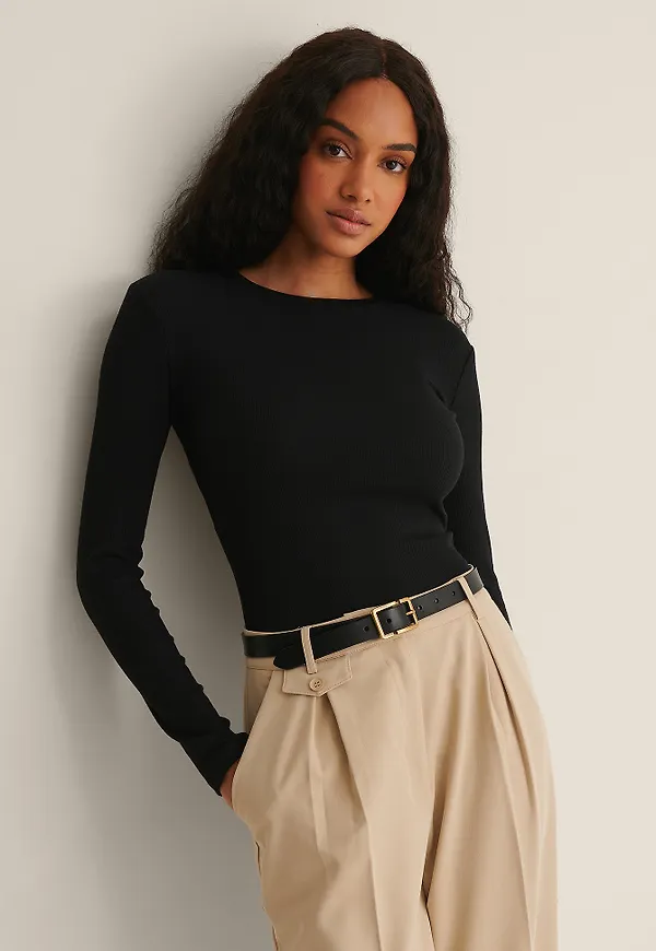 NA-KD Basic Recycled långärmad ribbad topp - Black