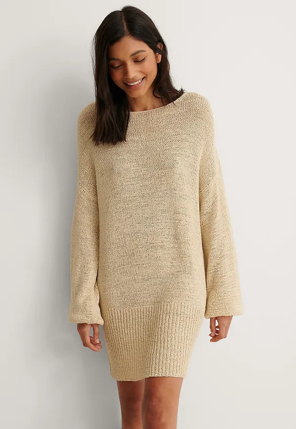 NA-KD Lång Bandgarnsstickad Tröja - Beige