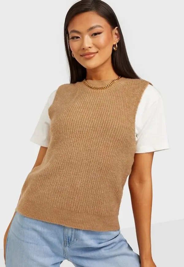 Vero Moda Vmolina Sl O-Neck Vest Noos Stickade västar Tan Melange