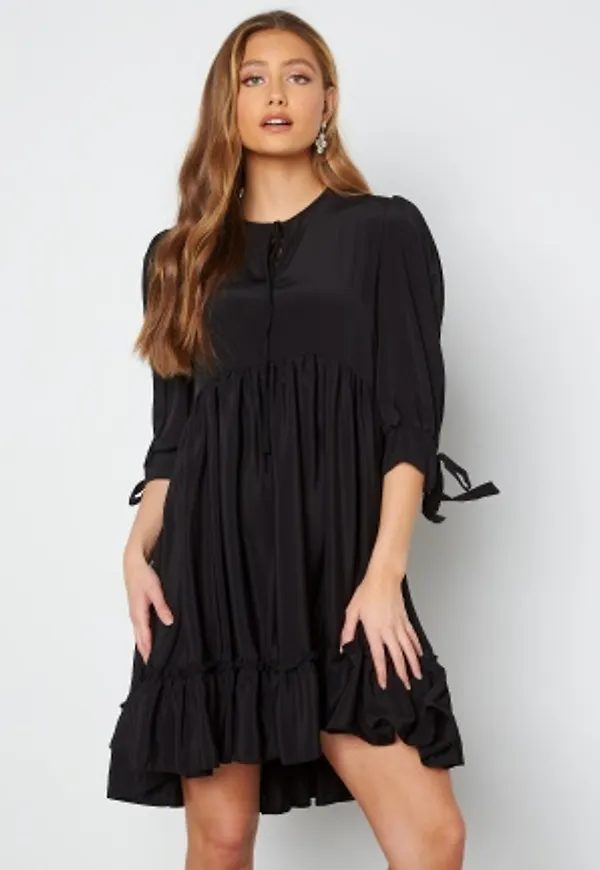 John Zack Tie Neck Frill Hem Dress Black M (UK12)