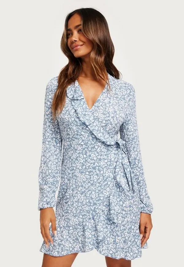 Only Onlcarly L/S Wrap Short Dress Noos Långärmade klänningar Cashmere Blue White Leafes Flower