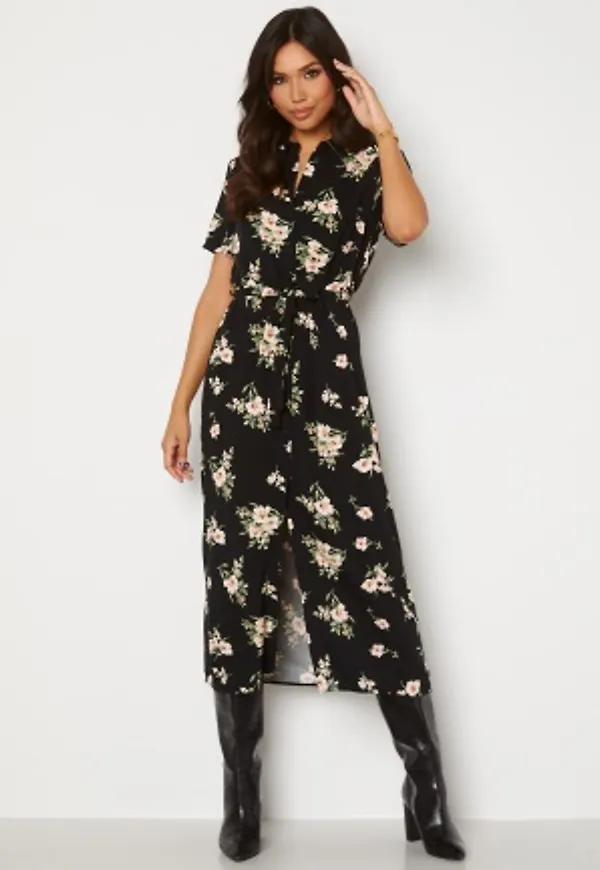 VERO MODA Simply Easy SS Long Shirt Dress Black AOP: Sandy S