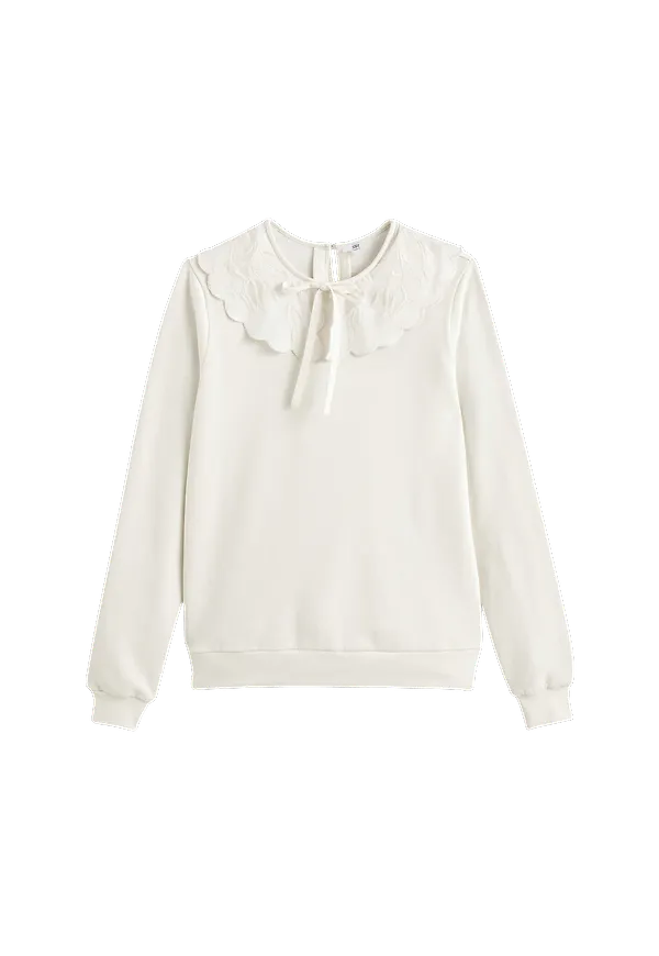 La Redoute - Sweatshirt i två material med rund, broderad krage - Vit