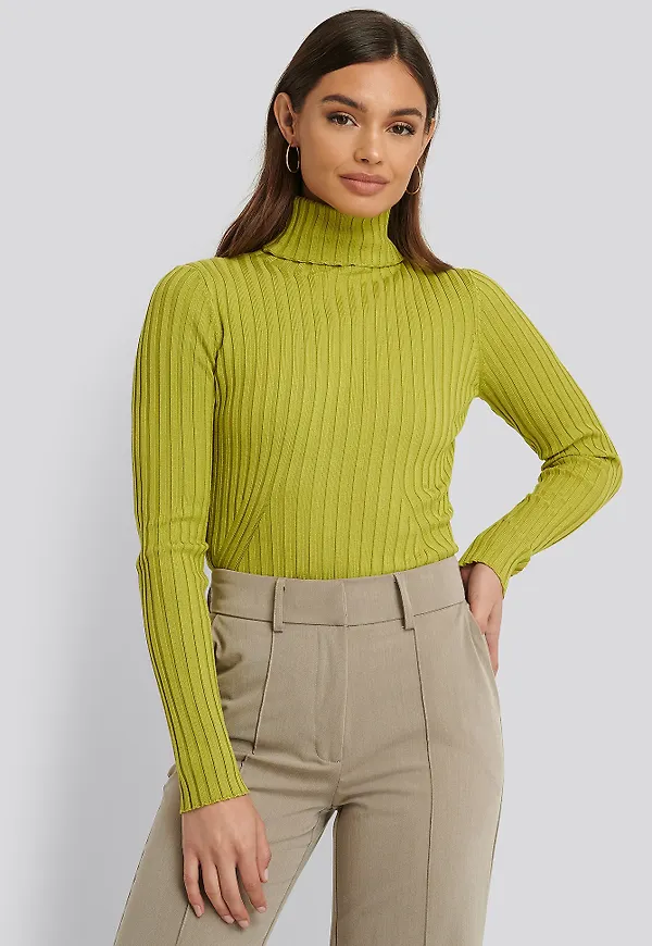NA-KD Ribbed Detail Knitted Polo Sweater - Green