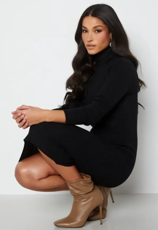 Blue Vanilla Roll Neck Rib Knit Midi Dress Black S