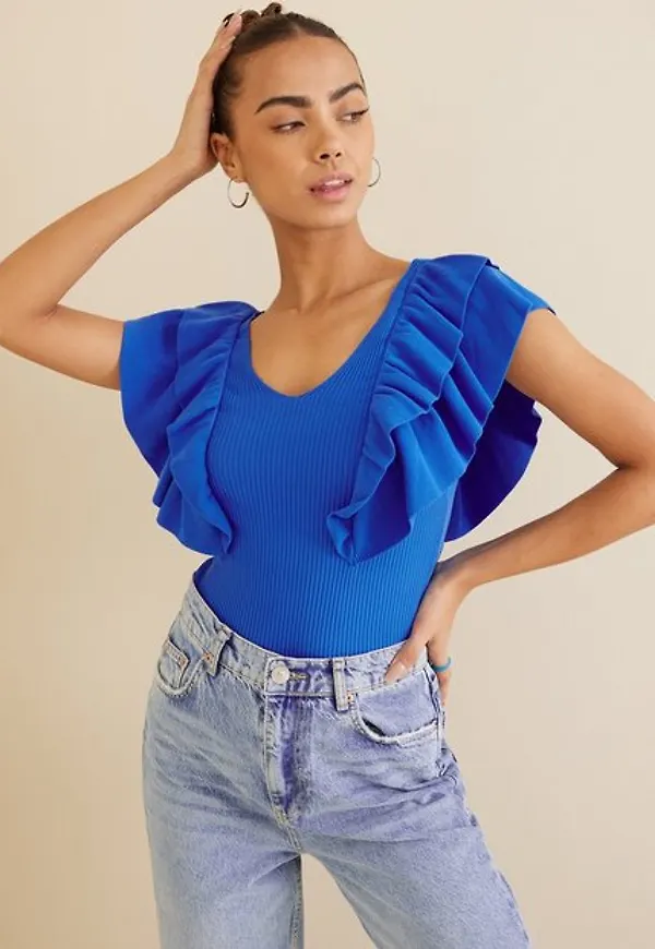 Only Onlleelo S/L Ruffle V-Neck Top Knt Festtoppar Ultramarine