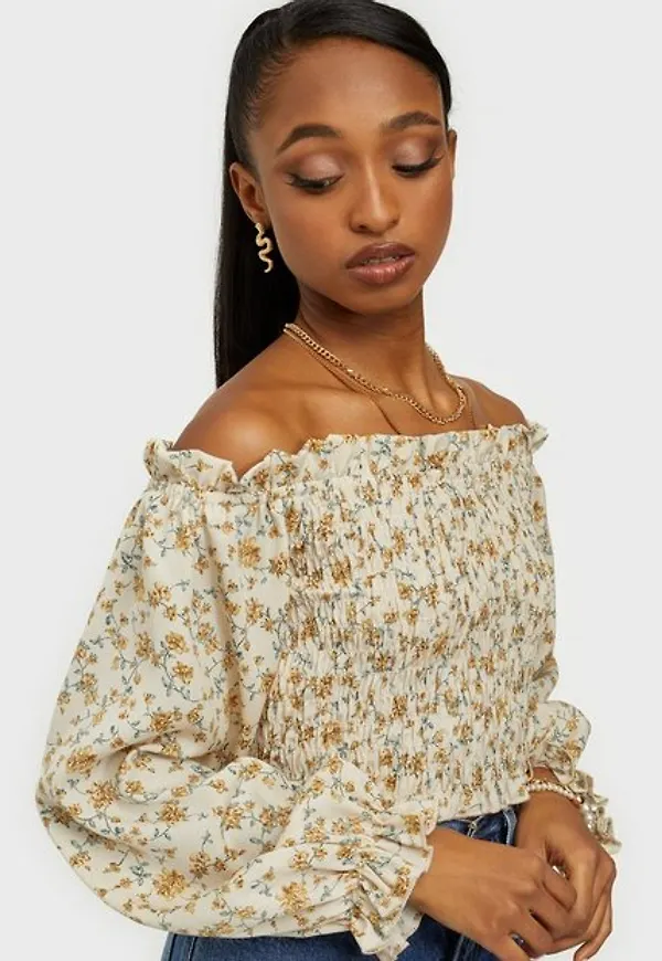 Missguided Floral Frill Detail Crop Top Långärmade toppar