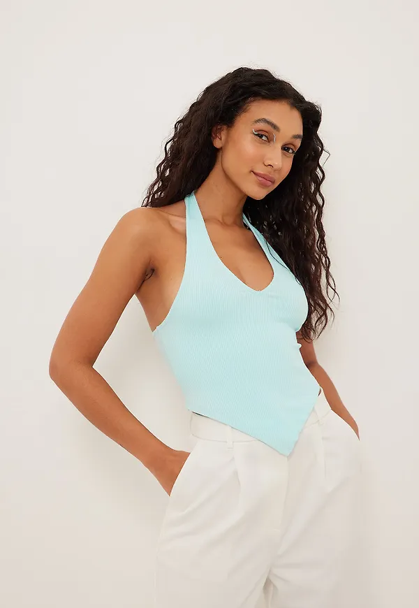 NA-KD Ribbstickad topp med halterneck - Turquoise