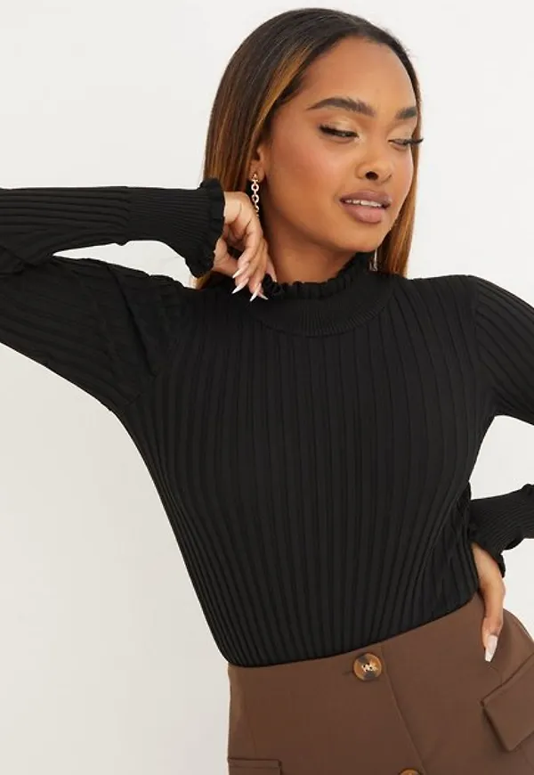 Only Onlkelci L/S Ruffle Pullover Knt Stickade tröjor Black