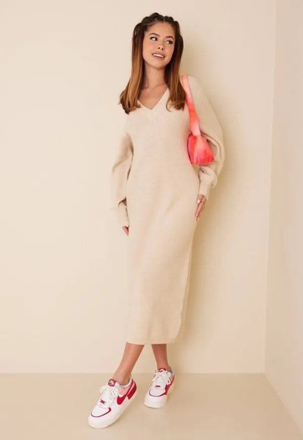 Object Collectors Item Objmalena L/S Knit Dress Noos Stickade klänningar Sandshell Col