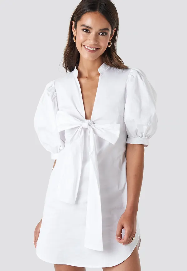 NA-KD Trend Puff Sleeve Tied Front Short Dress - White