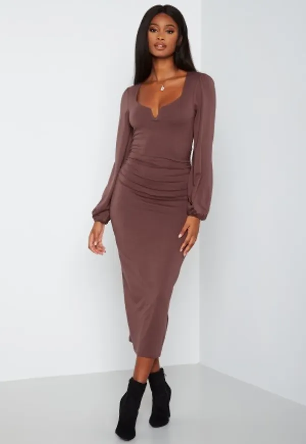 BUBBLEROOM Rudina puff sleeve midi dress Brown M