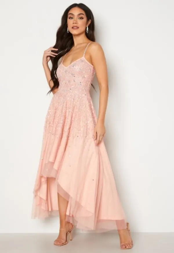 Goddiva Embellished High Low Maxi Dress Peach M (UK12)