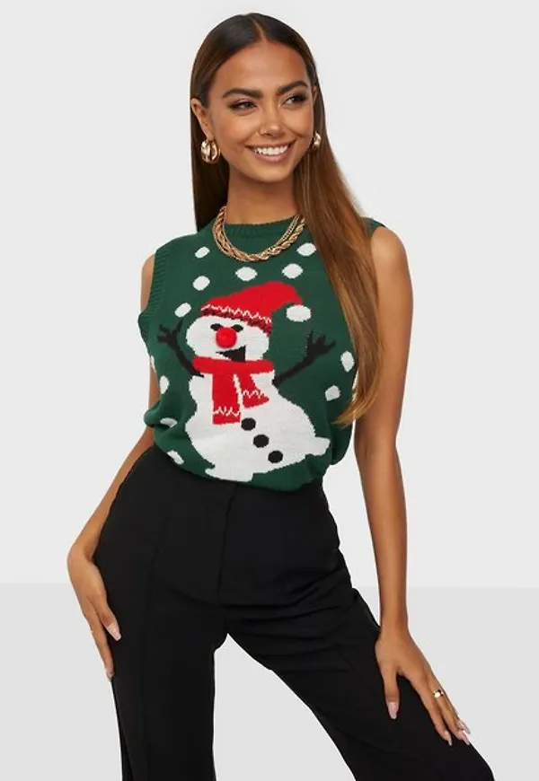 Pieces Pcelfie Christmas O-Neck Knit Vest Stickade västar Botanical Garden Snowman