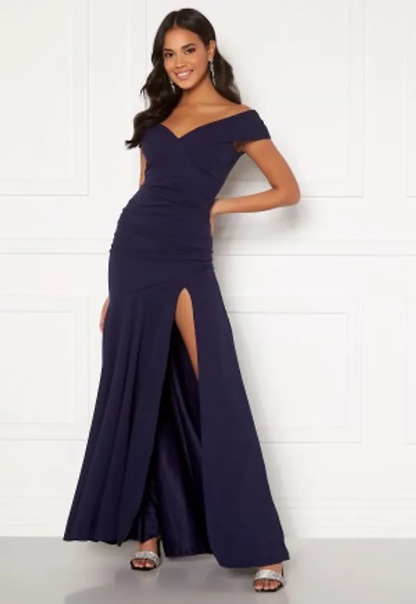 Goddiva Bardot Pleat Maxi Split Dress Navy XL (UK16)