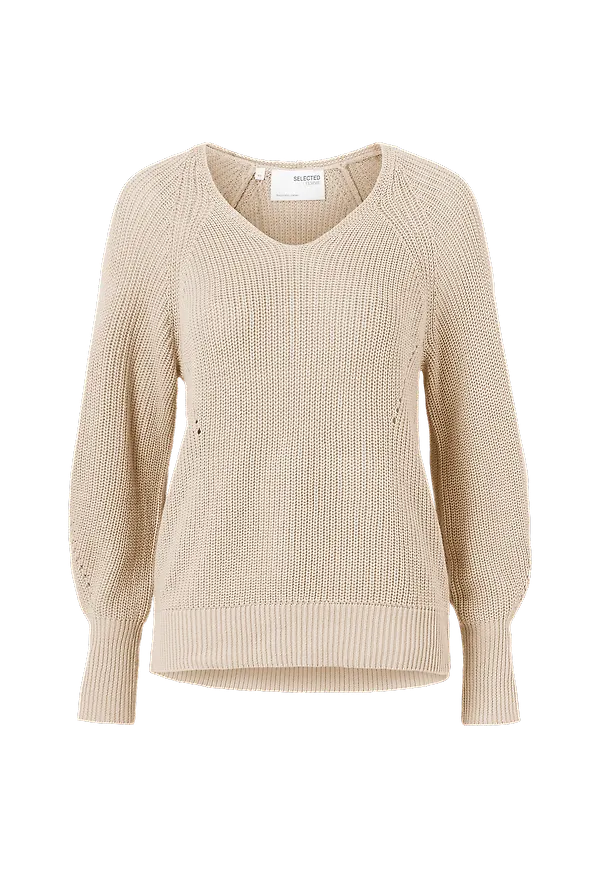 Selected FEMME - Tröja slfEmmy LS Knit V-neck - Beige