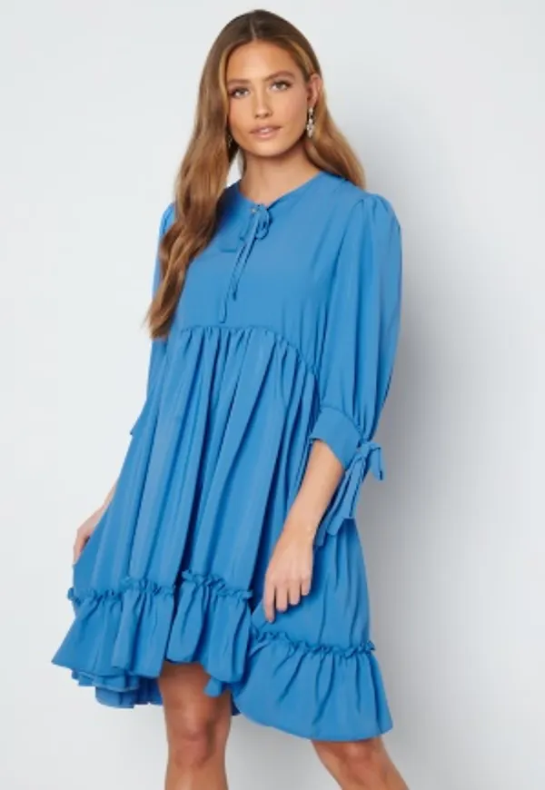 John Zack Tie Neck Frill Hem Dress Dusty Blue M (UK12)
