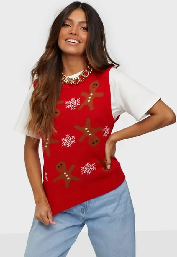 Pieces Pcelfie Christmas O-Neck Knit Vest Stickade västar High Risk Red Christmas Cookies