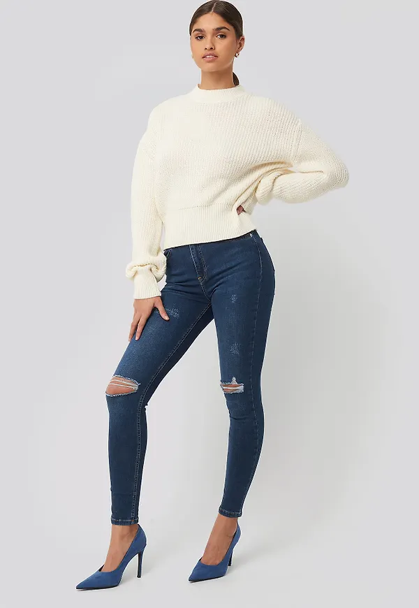 NA-KD Skinny High Waist Destroyed Jeans - Blue
