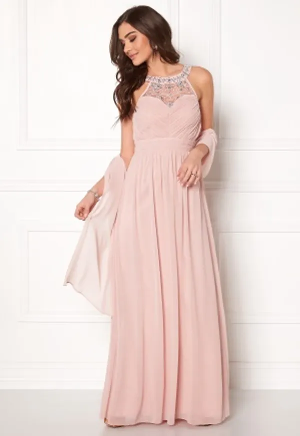 Goddiva Embellished Chiffon Maxi Dress Nude L (UK14)