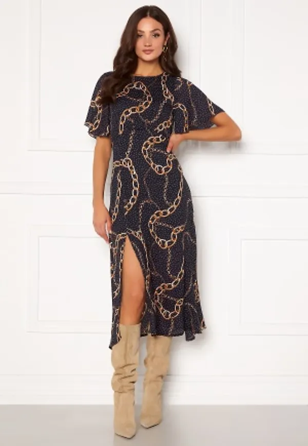 Girl In Mind Britney Angel Sleeve Split Leg Midi Dress Navy chain print XS (UK8)
