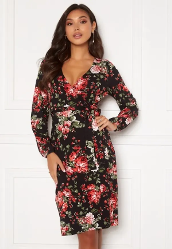 Happy Holly Amanda puff sleeve dress Black / Patterned 40/42