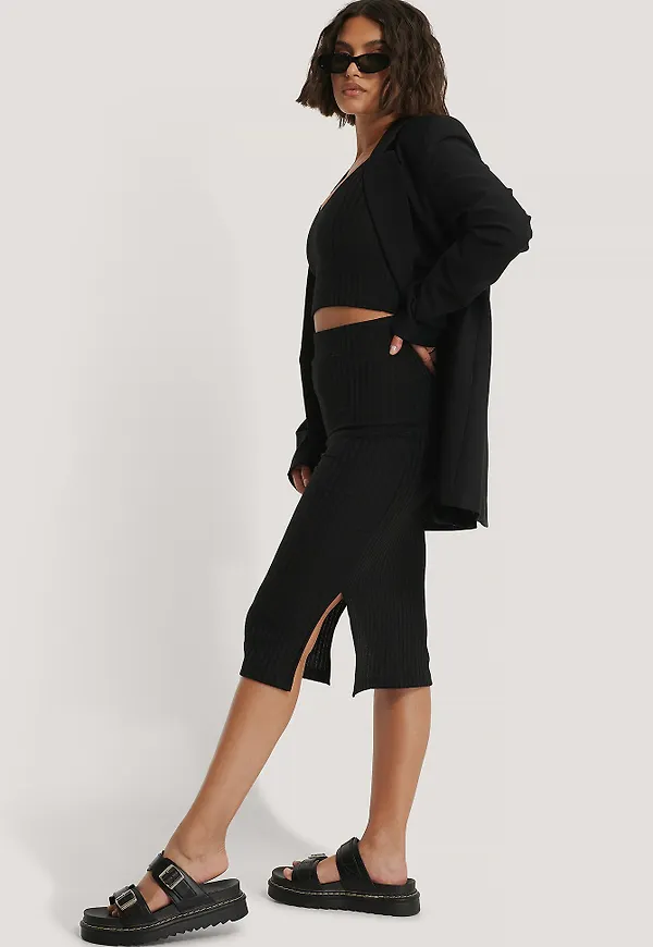 NA-KD Ribbad Kjol Med Slits - Black