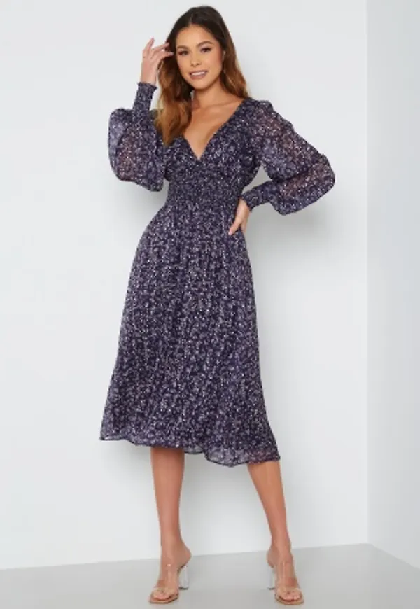 Goddiva Ditsy Long Sleeve Shirred Midi Dress Navy S (UK10)
