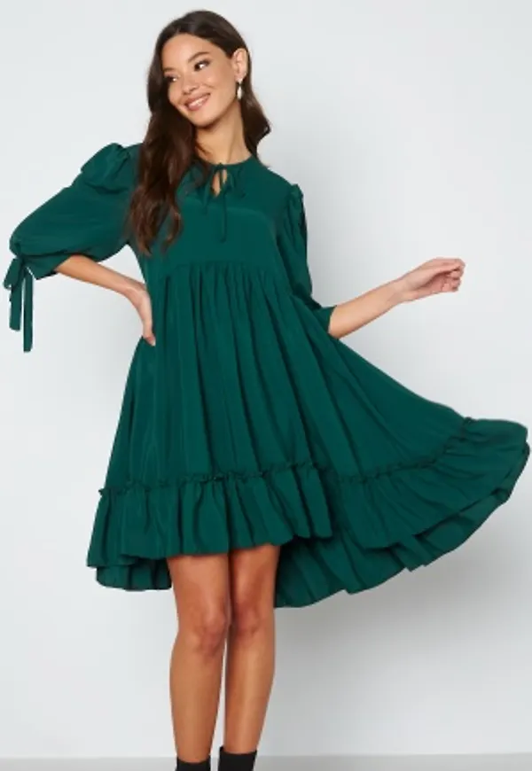 John Zack Tie Neck Frill Hem Dress Forest Green S (UK10)