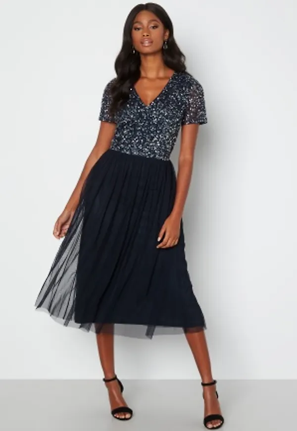 AngelEye Short Sleeve Sequin Embellished Midi Dress Navy M (UK12)