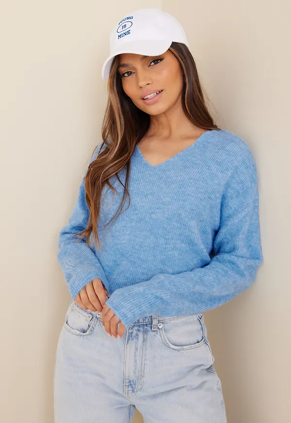 Vero Moda - Stickade tröjor - Blue Bell Melange - Vmcrewlefile Ls V-Neck Blouse Noos - Tröjor - Knitted sweaters