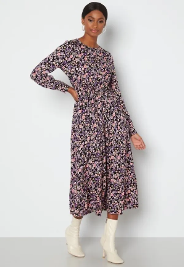 Pieces Ellia LS Midi Dress Black AOP Flowers XL