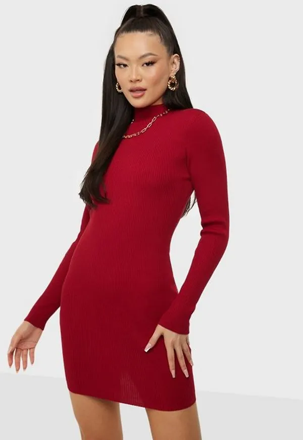 Missguided Recycled High Neck Ribbed Mini Dress Fodralklänningar Deep Red