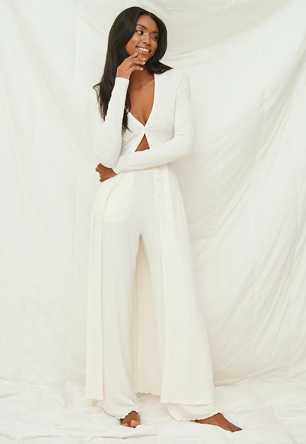 Curated Styles Ribbad lång kofta - Offwhite