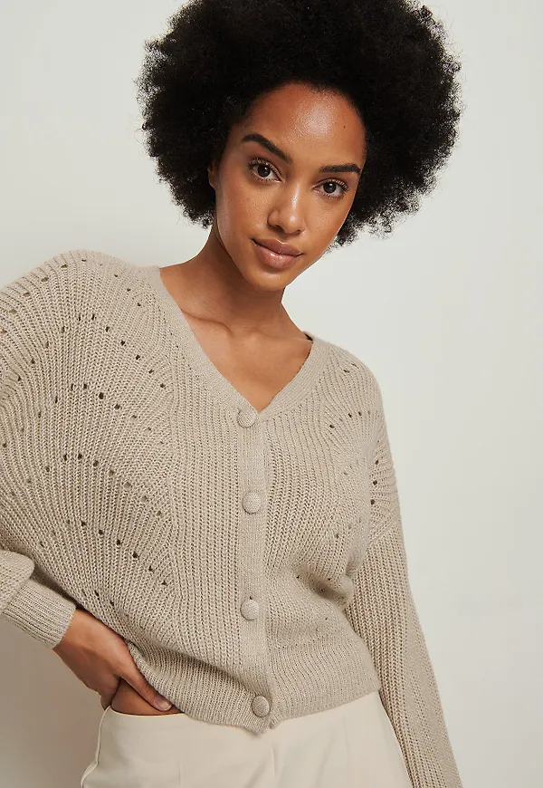 NA-KD Recycled mönsterstickad kofta - Beige
