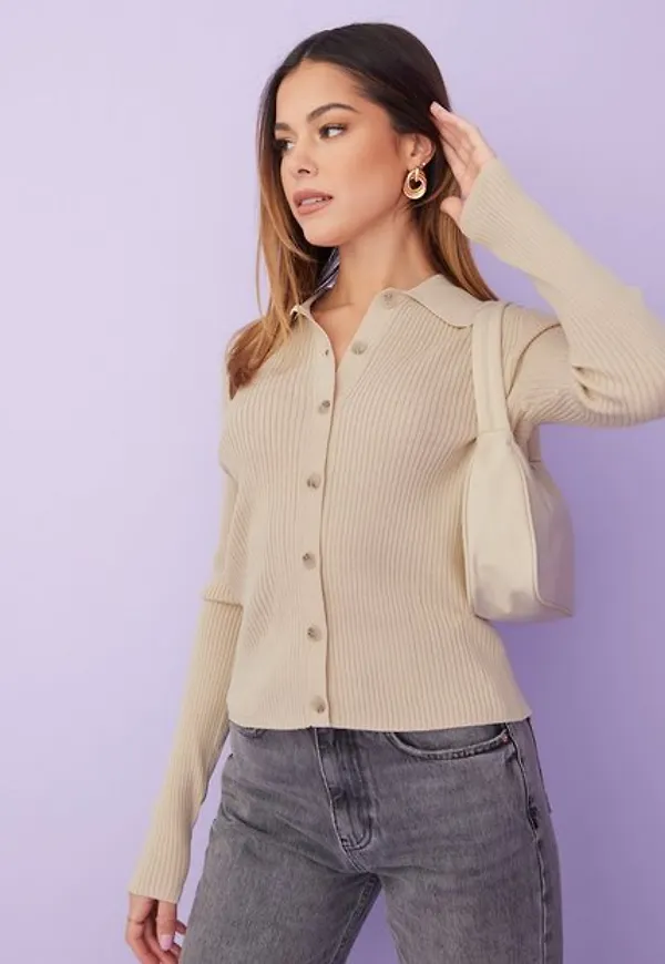 Selected Femme Slfally Ls Knit Cardigan Poloneck B Cardigans Sandshell
