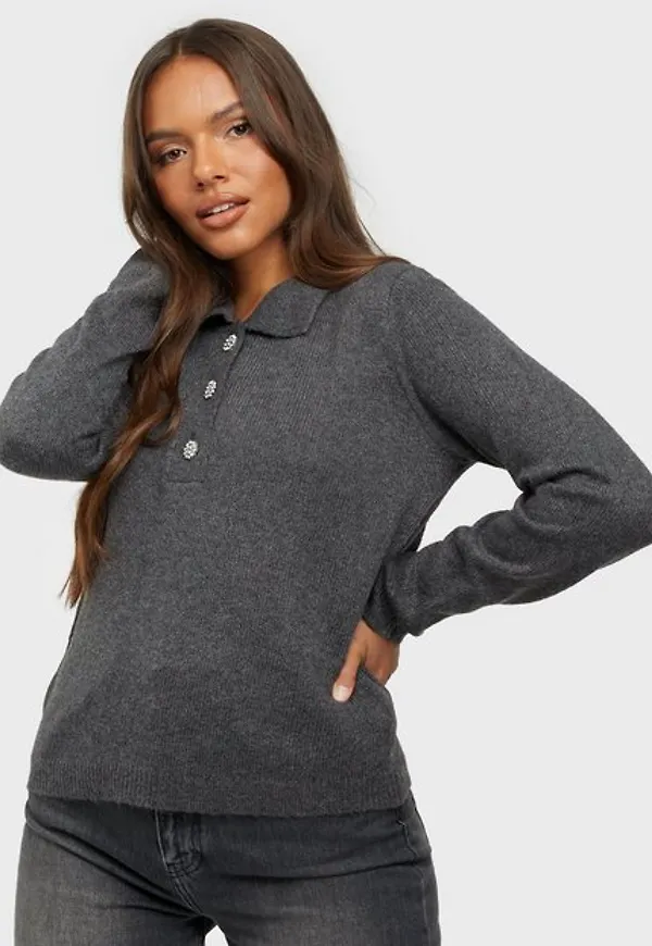 Jacqueline de Yong Jdyrue Raya L/S Polo Pullover Knt Stickade tröjor Dark Grey Melange