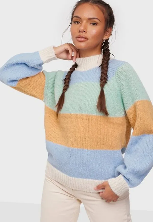 Pieces Pcoline Ls O-Neck Knit Bc Stickade tröjor Kentucky Blue Buff Orange-Silt Green-Bir