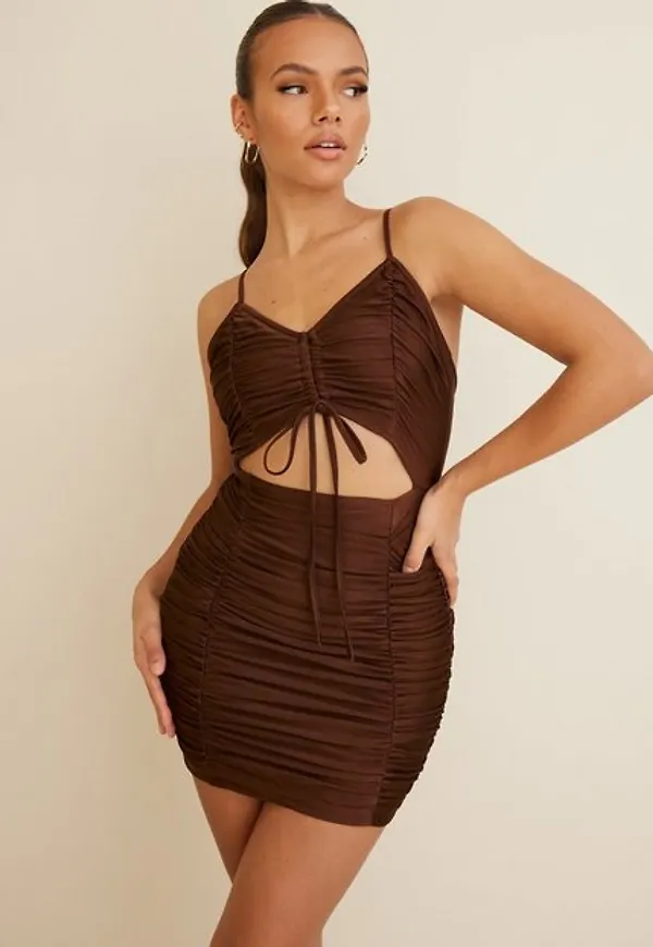 Parisian Drawstring Rouched Mini Dress Festklänningar Brun