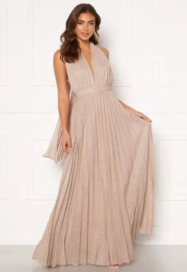 Goddiva Deep V Neck Glitter Dress Blush L (UK14)