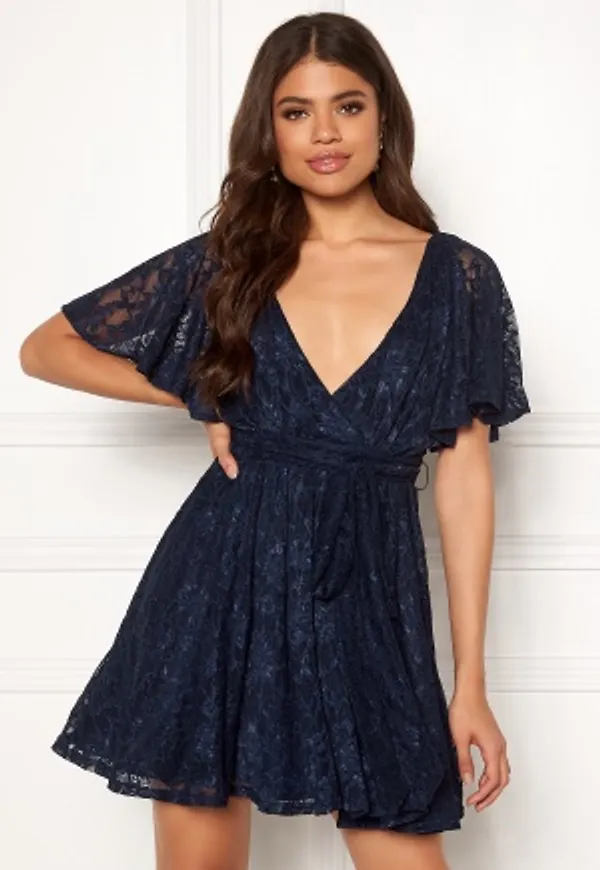 Goddiva Flutter Lace Skater Dress Navy XS (UK8)