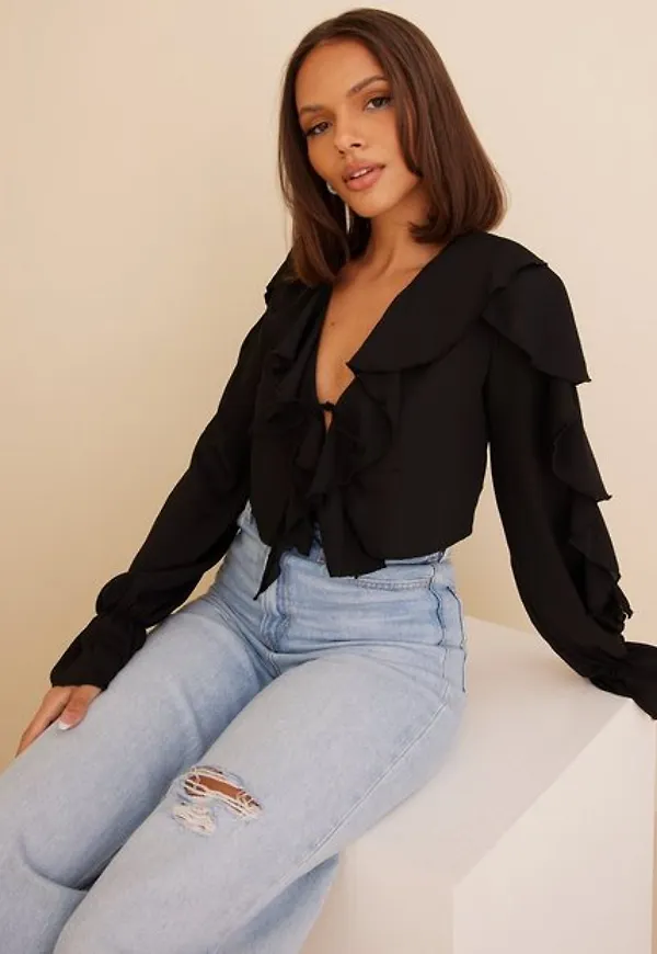 NLY One Frill Chiffon Tie Blouse Festblusar Svart