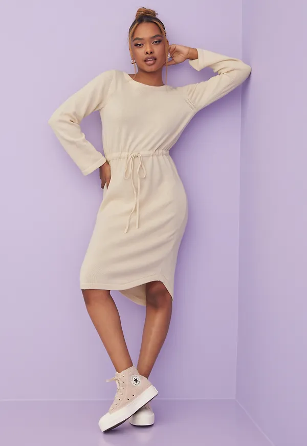 Pieces - Långärmade klänningar - Nature - Pctrina Ls Boat Neck Midi Knit Dres - Klänningar - Long dresses