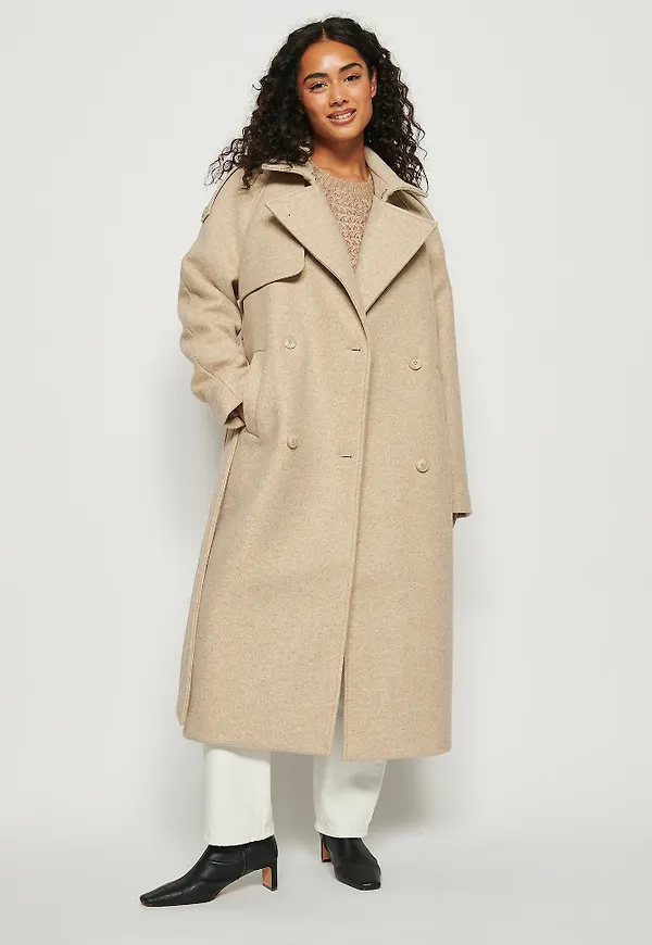 NA-KD Trend Dubbelknäppt kappa i ullmix - Beige