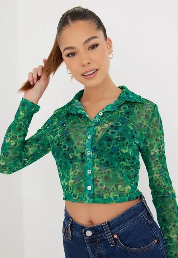 Only Onlnellie Ls Mesh Shirt Nn Långärmade toppar Simply Green Ditsy