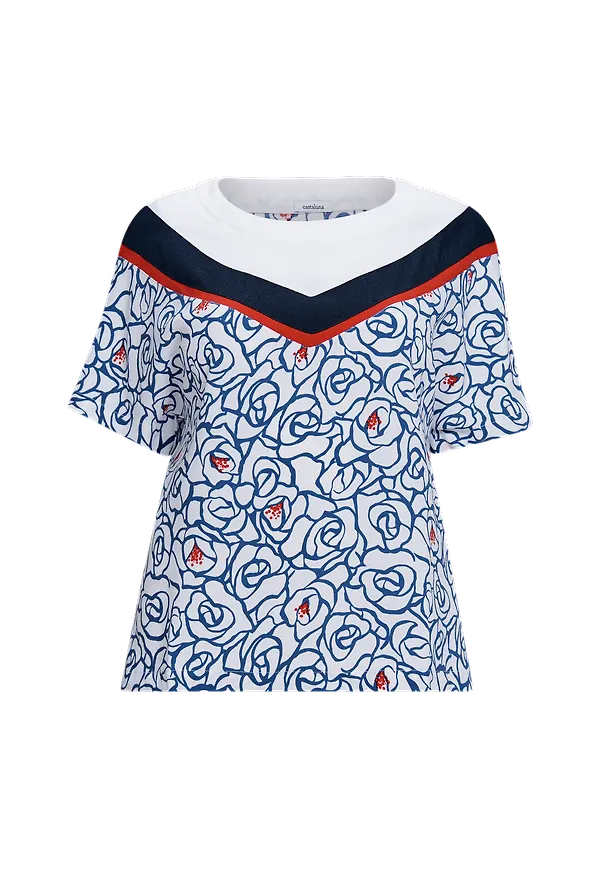 La Redoute - Blommig blus med rund halsringning och kort ärm - Vit