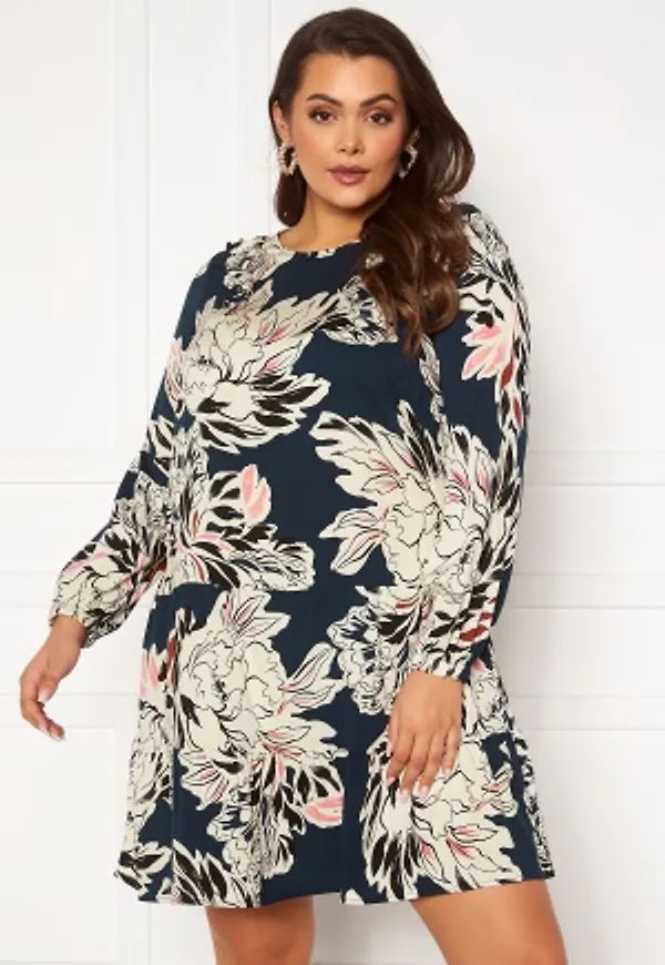 Vero Moda Curve Manki LS Above Knee Dress Navy AOP Flower 52