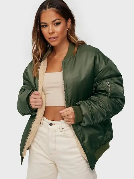 Missguided Reversable Oversized Borg Bomber Bomberjackor Khaki
